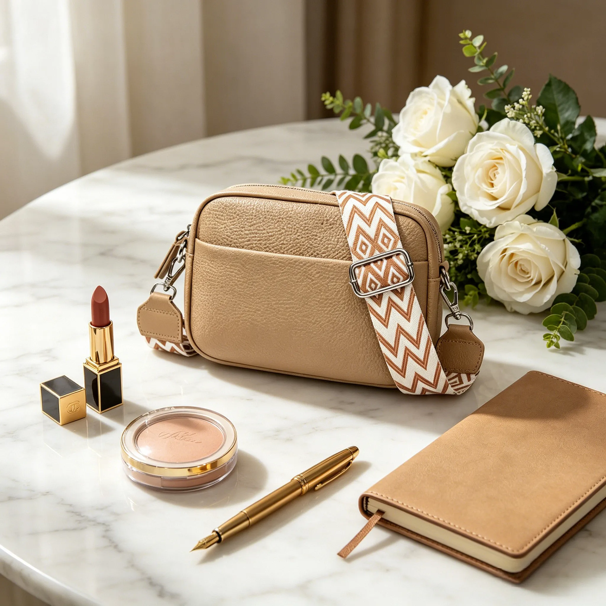 Fashion flat-lay photography of the Model 63047 multi-pocket crossbody bag on a styled surface