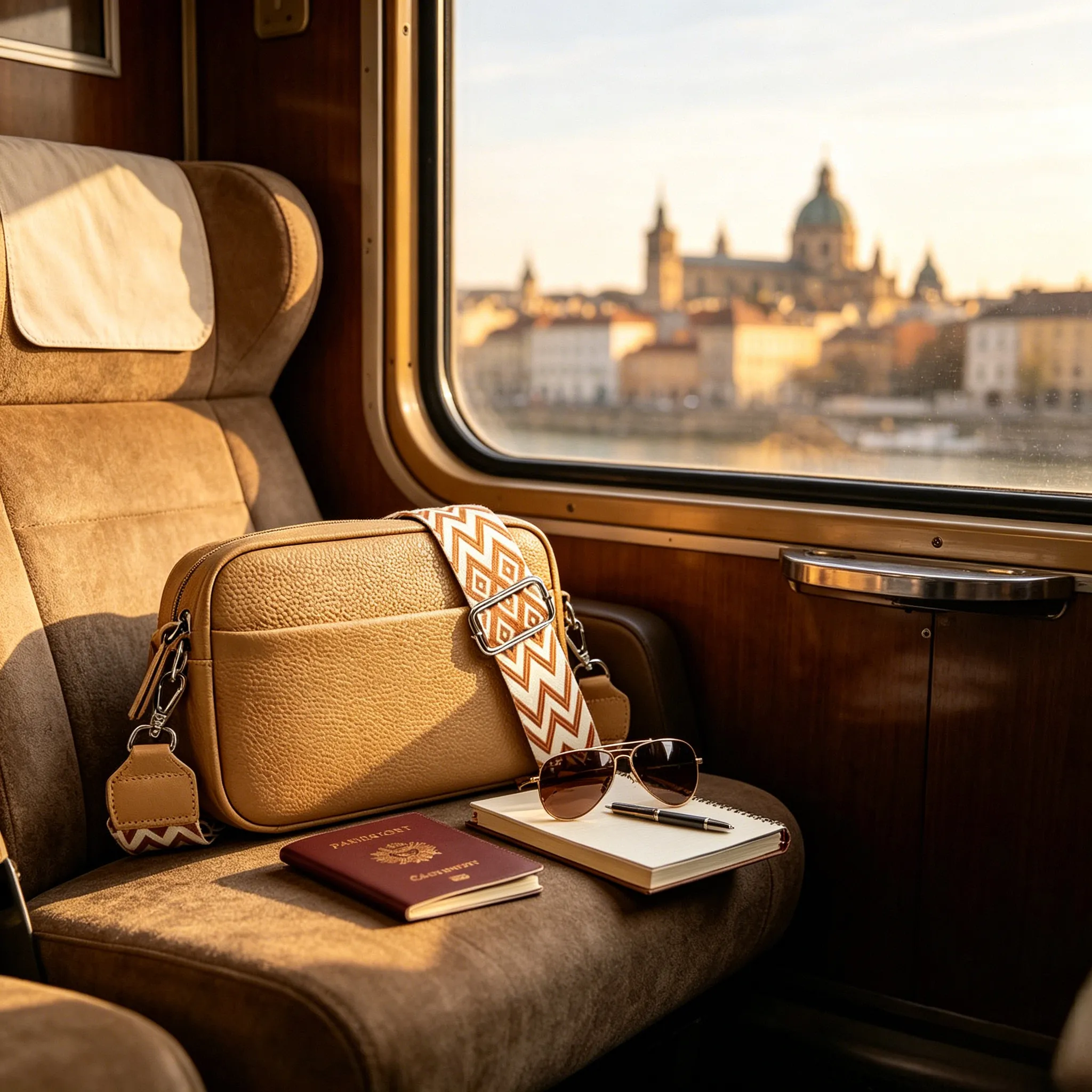 Travel scene showcasing the Model 63047 bespoke crossbody bag for adventure travel
