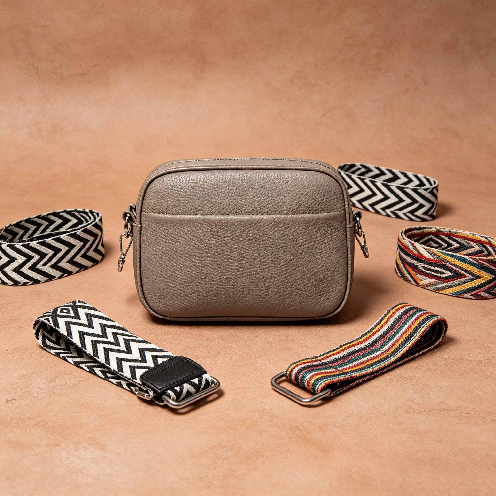 Display of multiple strap styles and carrying options for the Model 63047 custom crossbody bag