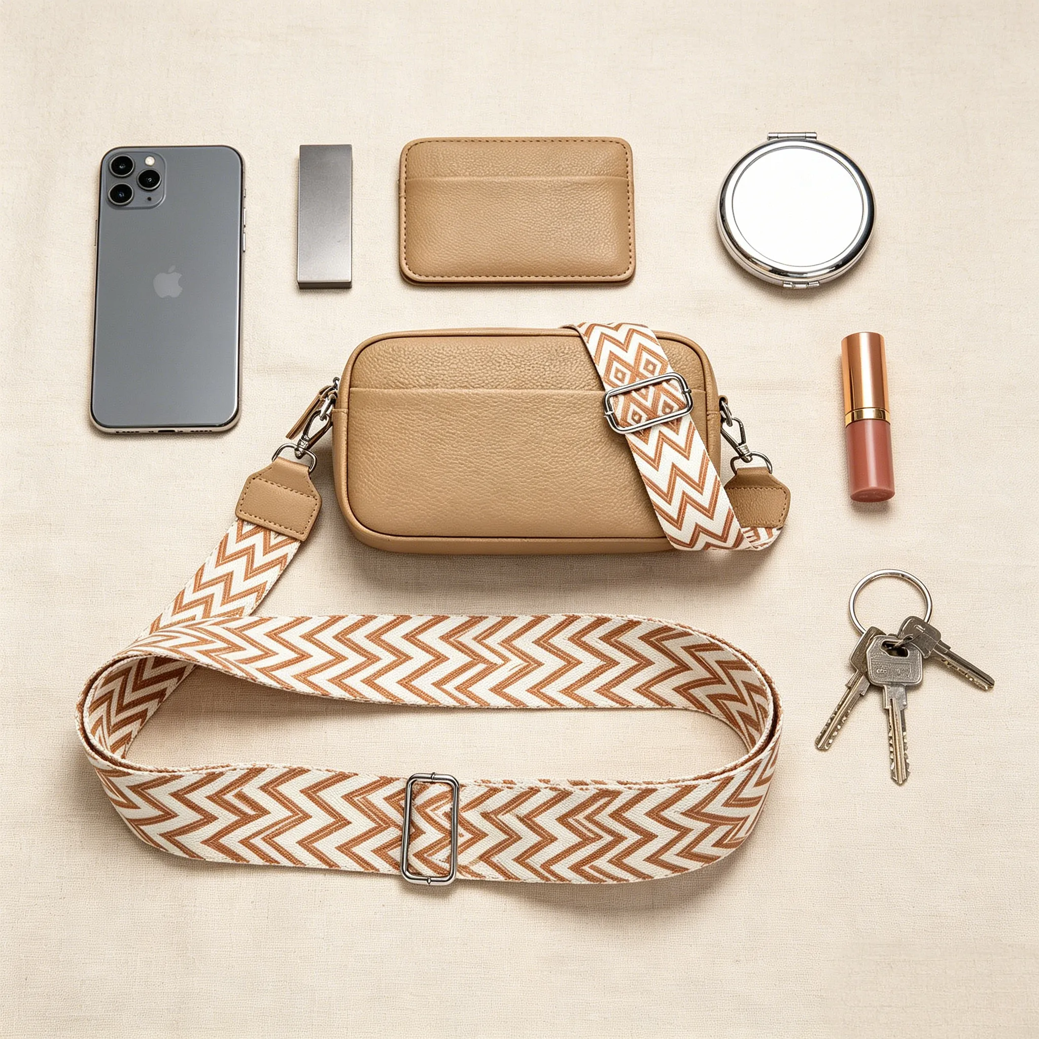 Flat-lay showing the high-capacity interior compartments and pockets of the Model 63047 multi-pocket crossbody bag