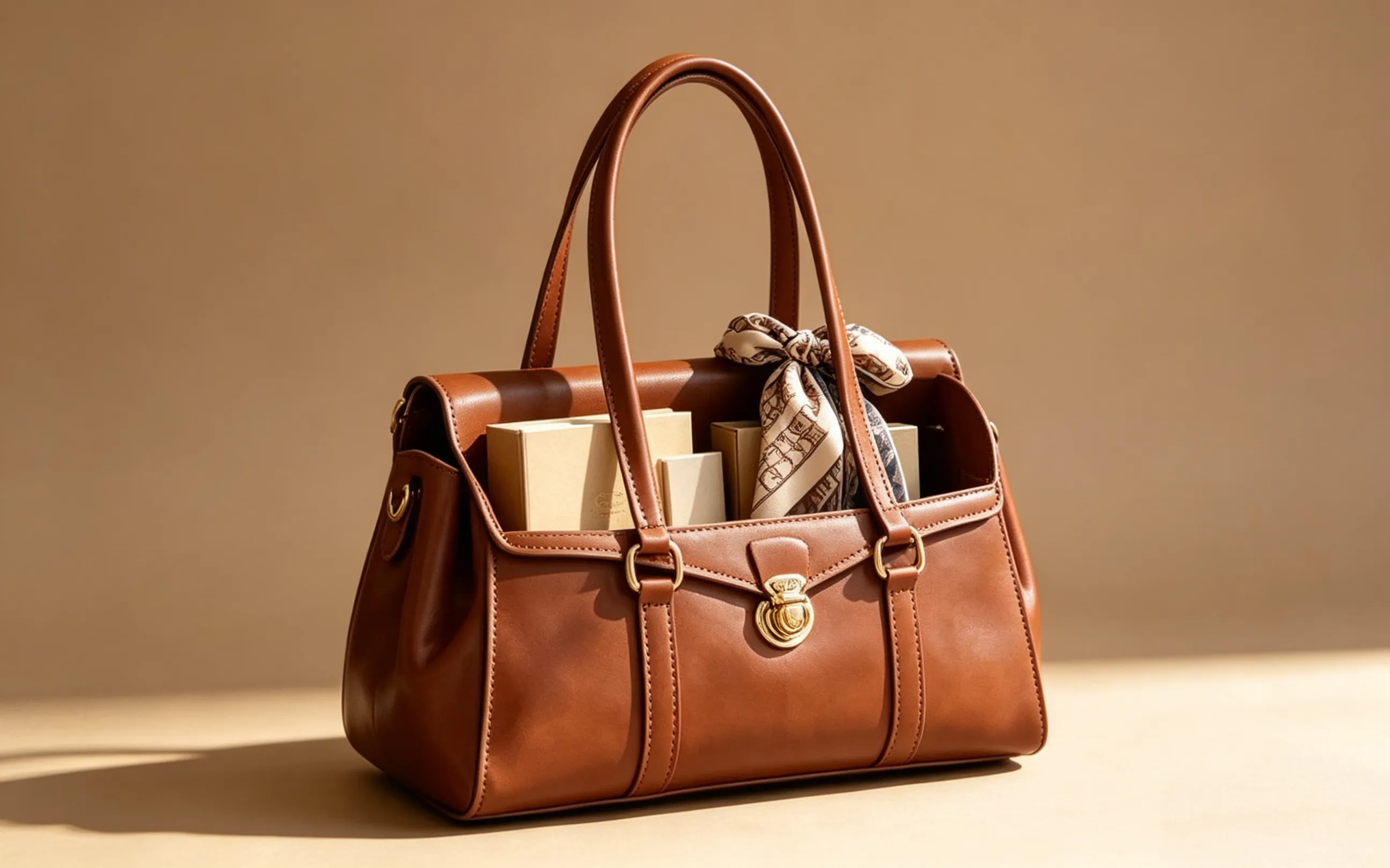 Genuine leather handbag showing organized interior capacity