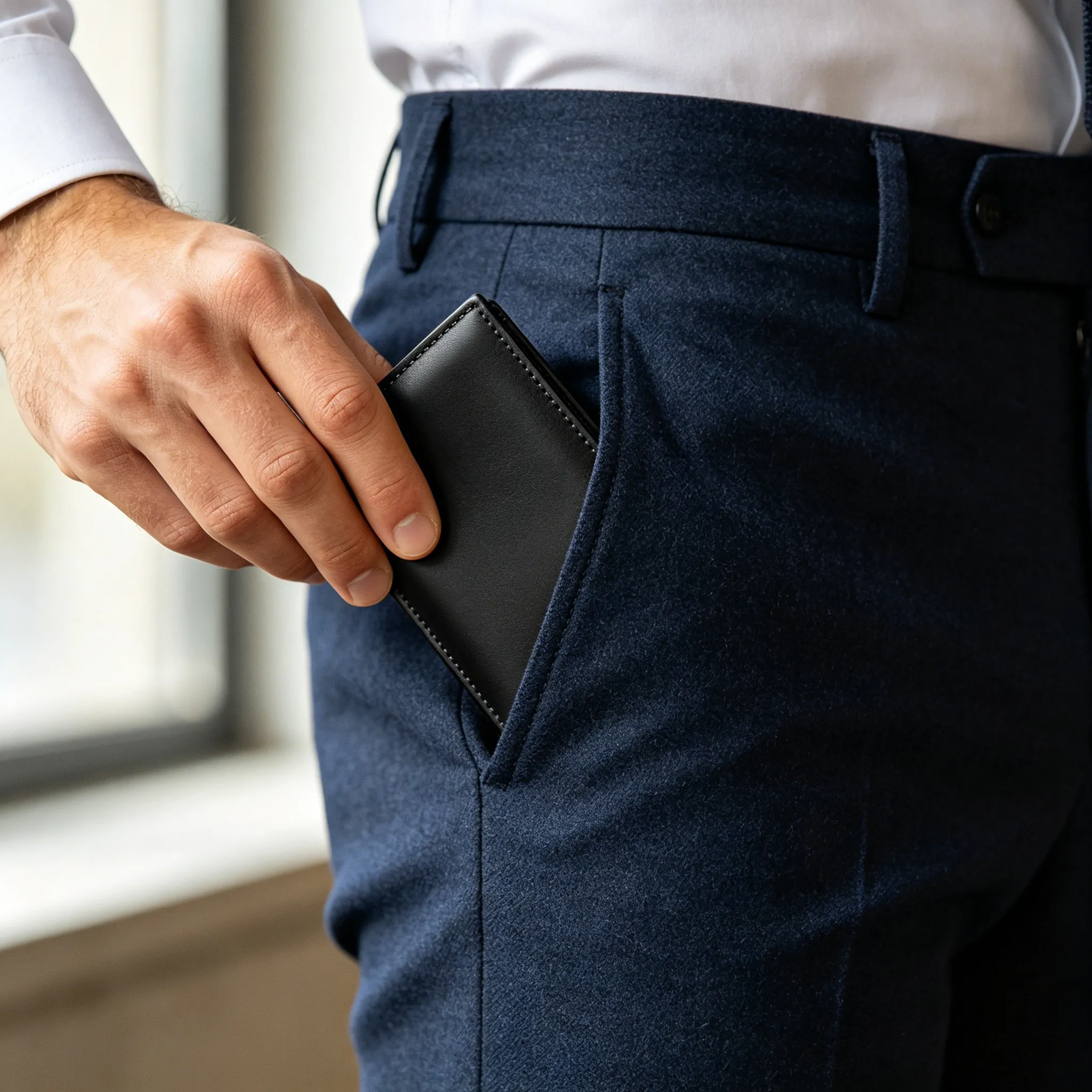 Stylish man using a premium leather bifold wallet in a modern urban setting, showcasing the sleek slim profile of a custom genuine leather wallet
