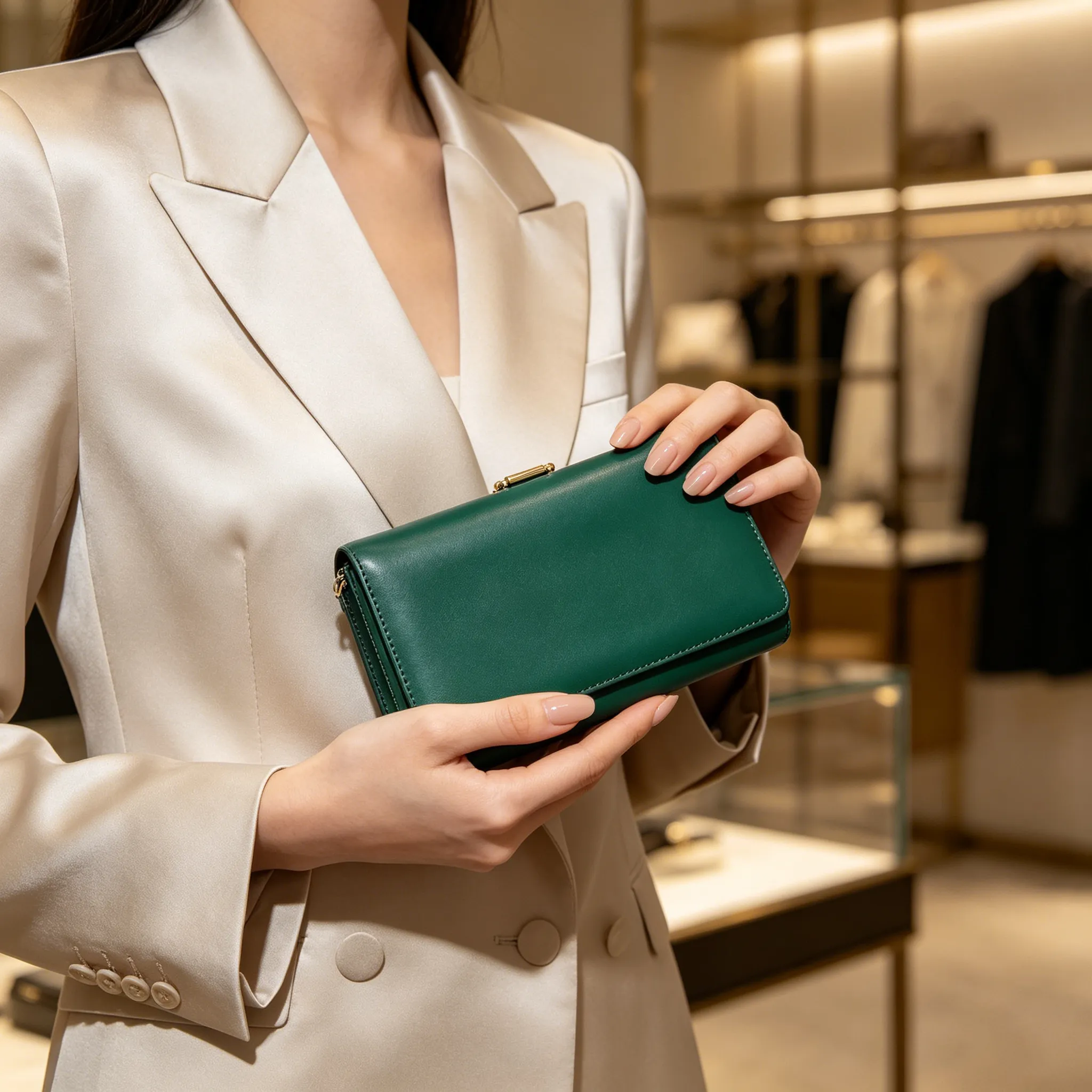 Elegant woman holding a minimalist leather wallet fashion shoot, luxury lifestyle — unisex leather wallet elegance