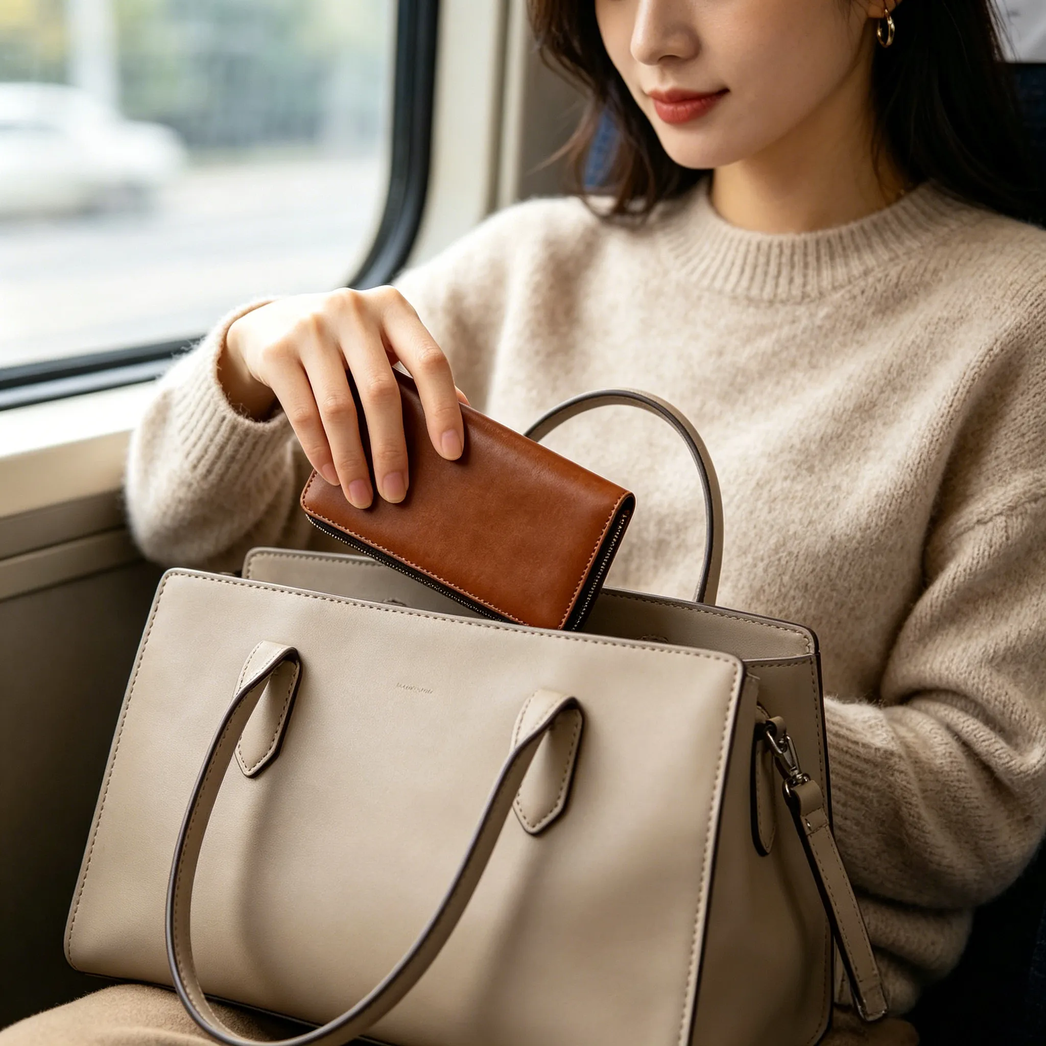 Woman using a premium leather bifold wallet in a lifestyle setting, fashionable everyday carry — premium leather bifold wallet in daily life