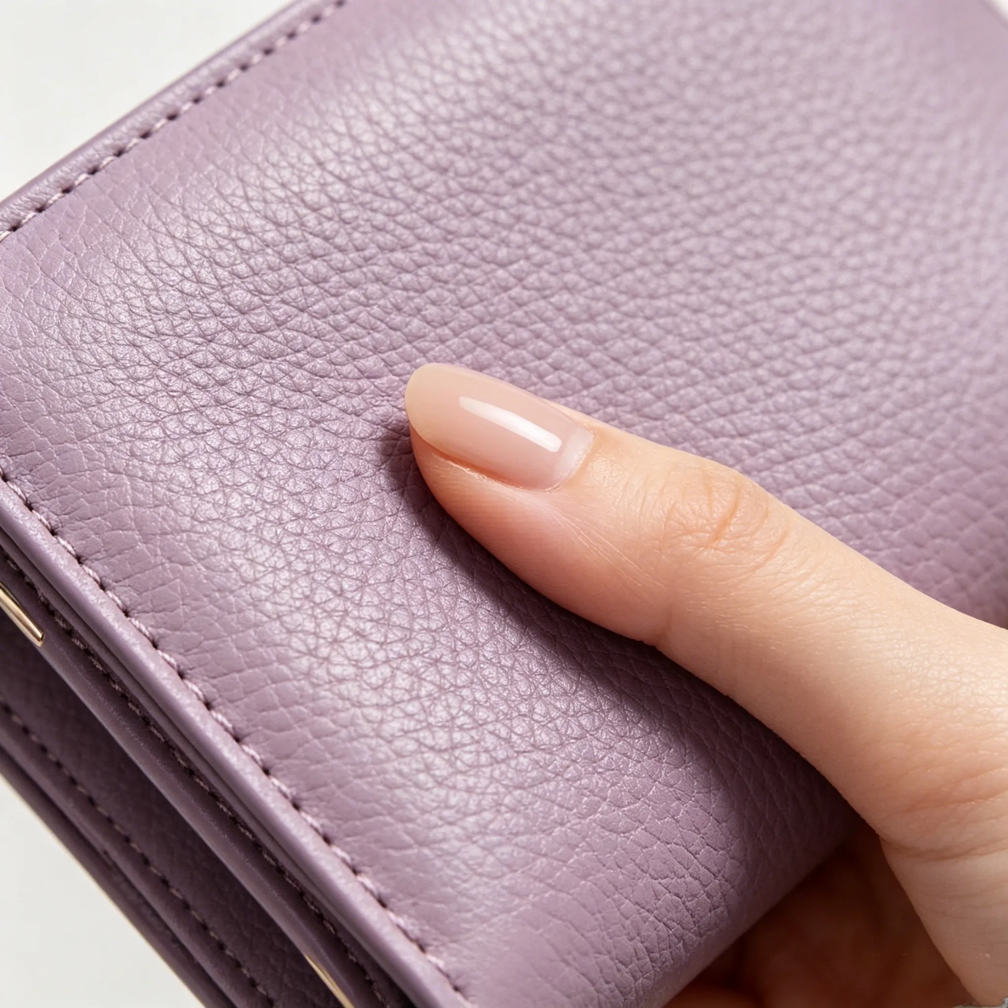 Extreme close-up of full-grain leather texture showing vegetable-tanned finish and flawless perimeter stitching on a custom genuine leather wallet