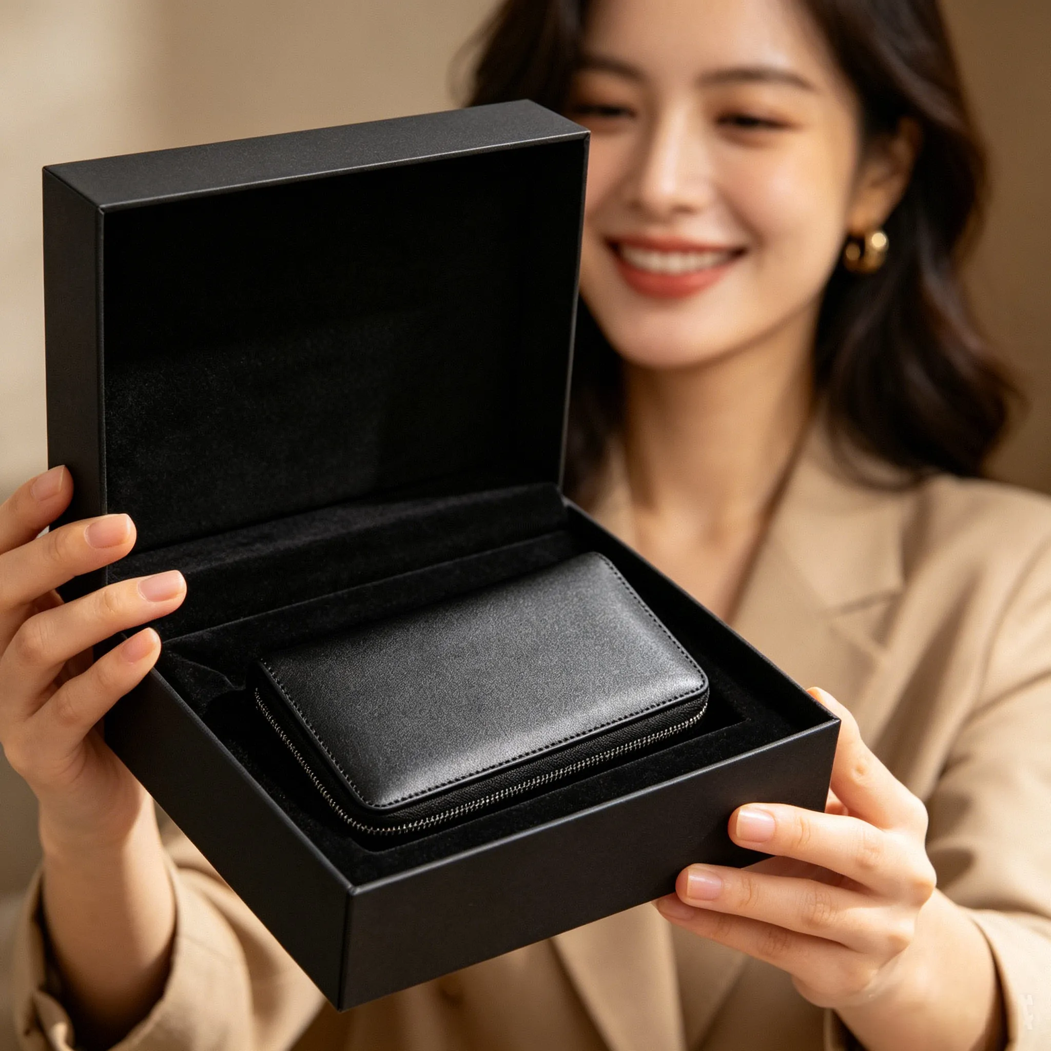 Beautifully packaged leather wallet gift box unboxing, premium presentation for bulk leather wallet orders