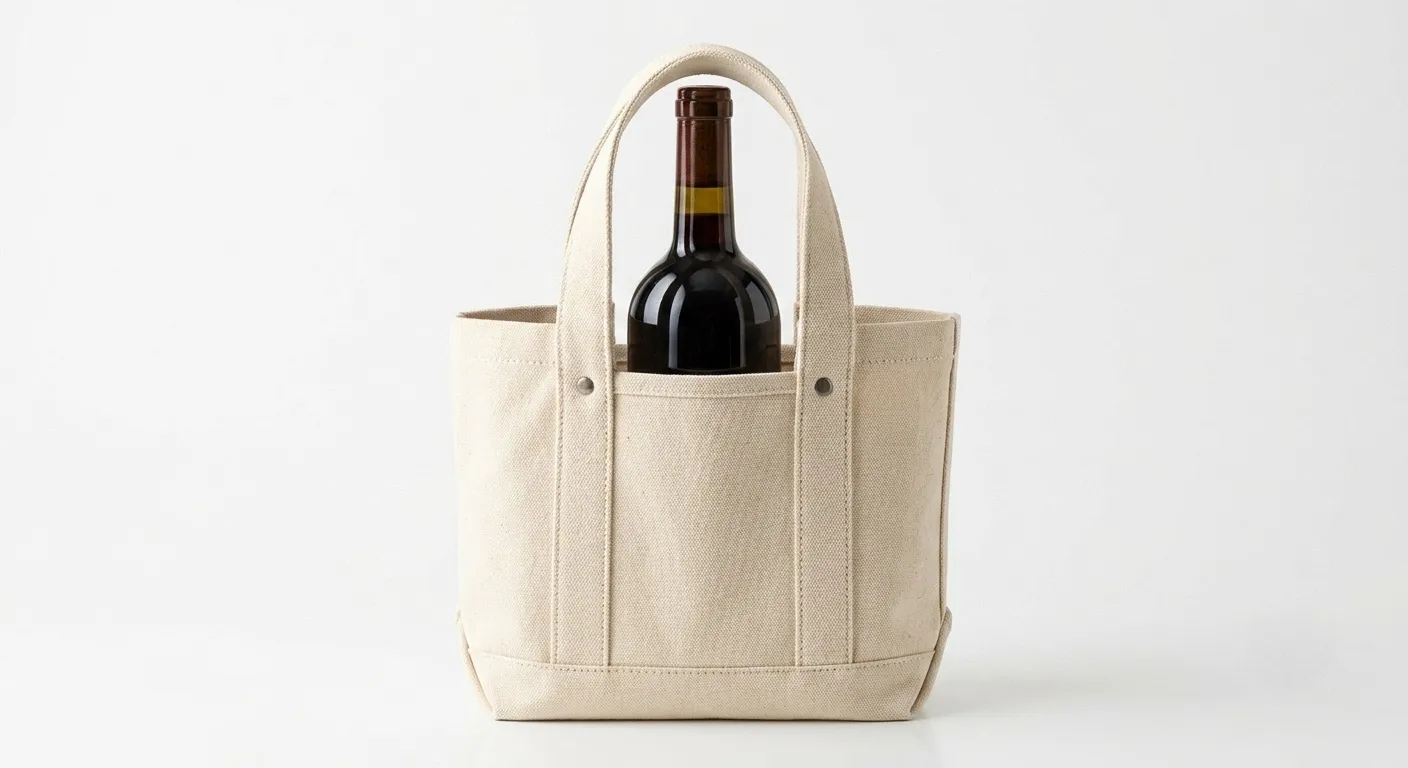 Premium custom canvas wine tote bag product showcase featuring structured bottle carrier with reinforced handles and elegant branding display
