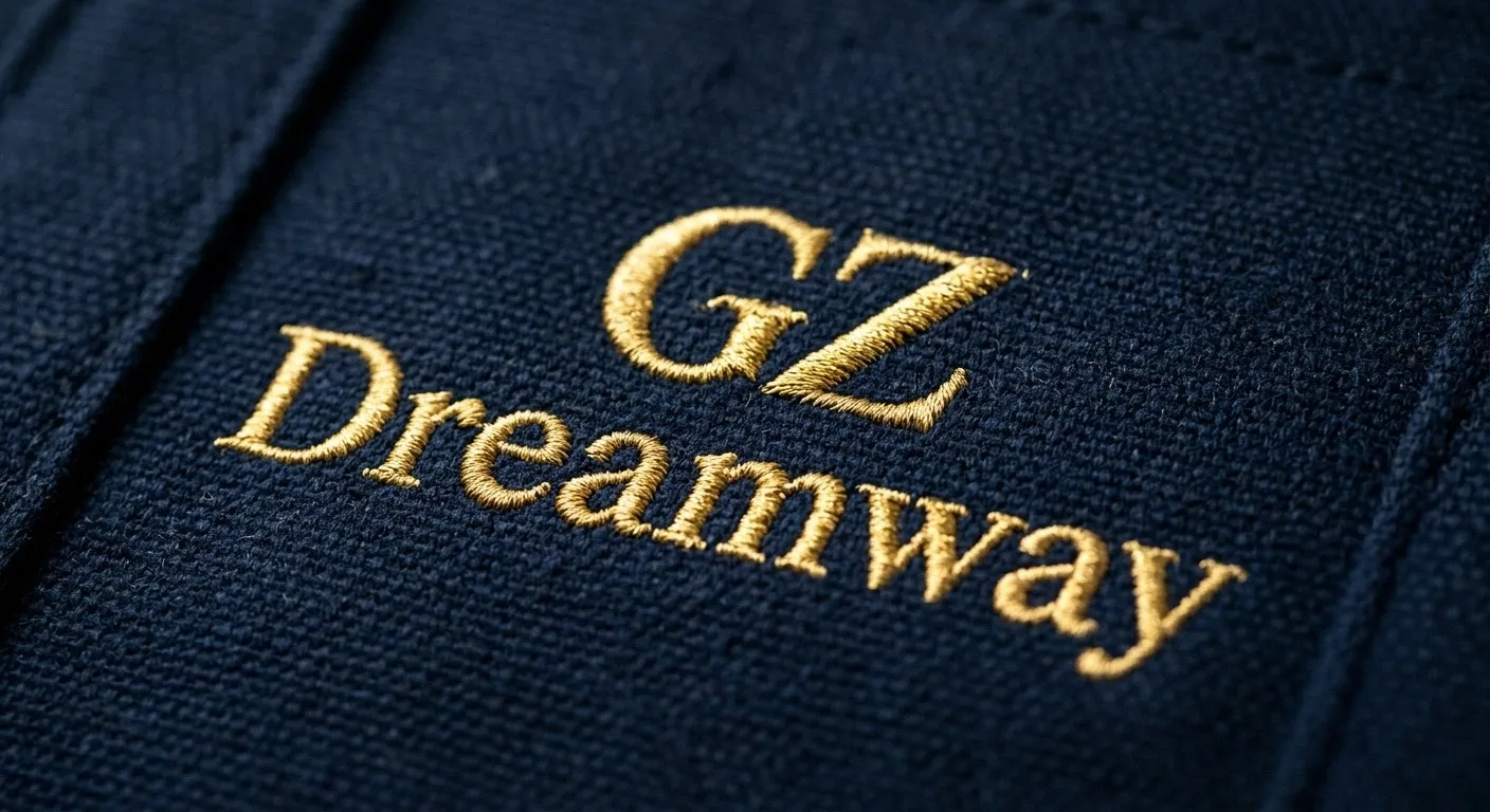 GZ Dreamway gold embroidery logo detail on canvas wine bag showing premium metallic thread stitching and refined craftsmanship