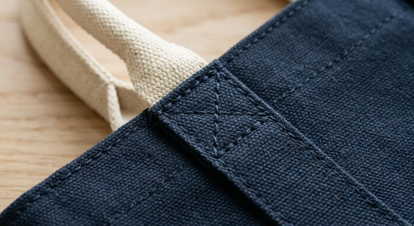 Close-up of wine bag handle stitching quality and craftsmanship detail showing reinforced bartacks and load-bearing construction
