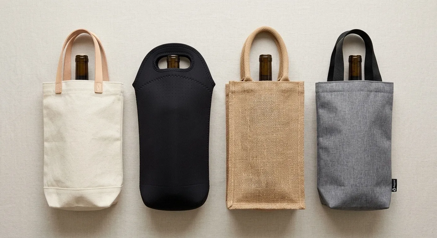 Wine bag material comparison showcasing canvas neoprene jute and recycled rPET fabric options side by side for visual reference