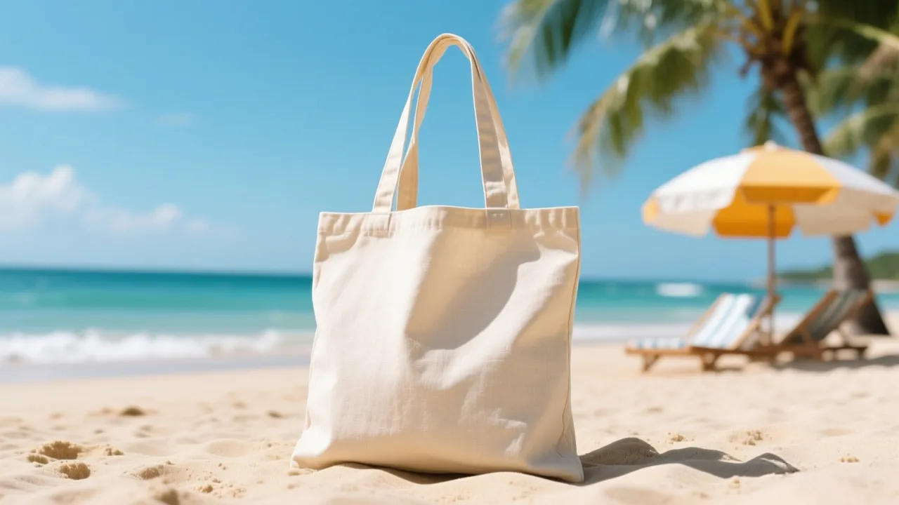 Beach vacation scene featuring custom canvas tote bags with sunscreen and beach accessories