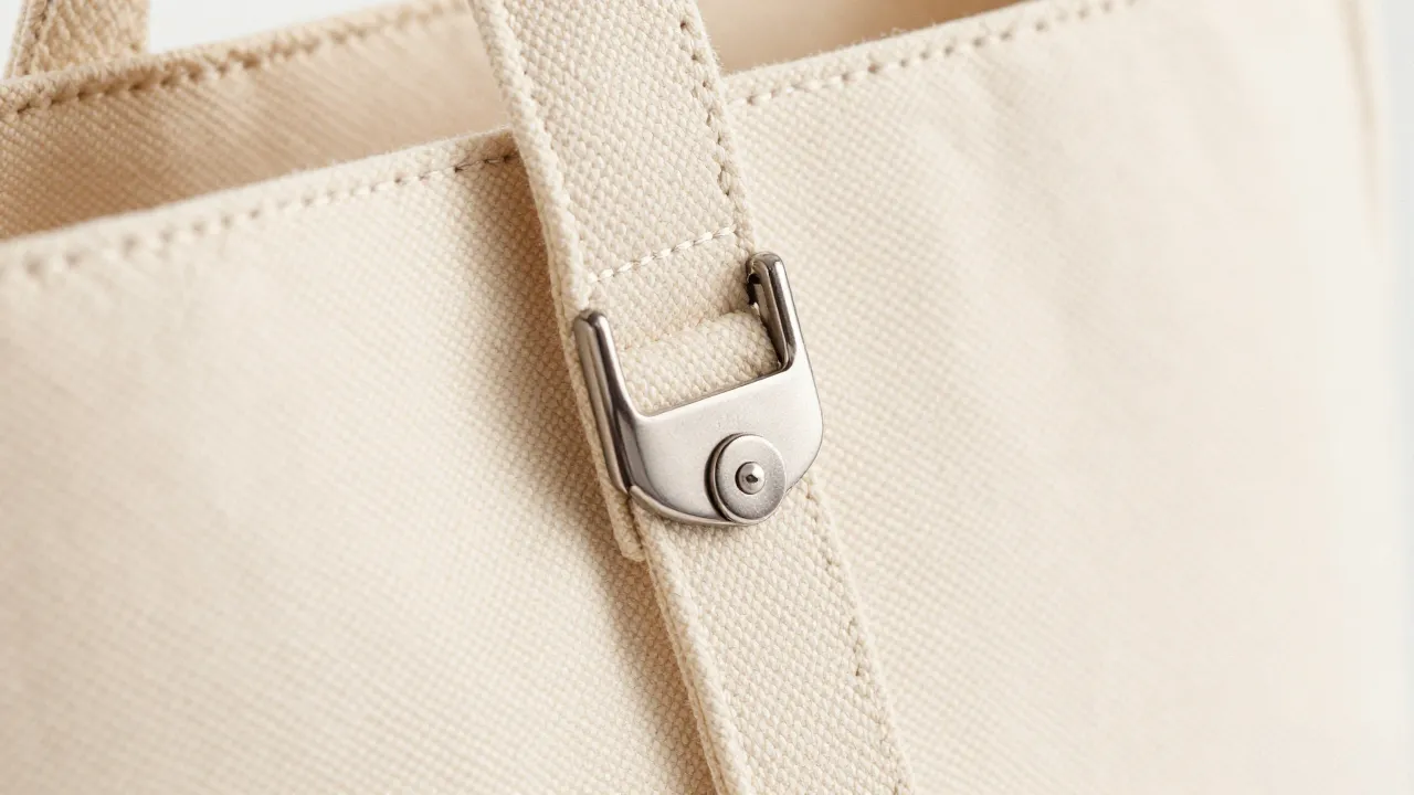 Metal hardware details showing durable construction of custom canvas tote bags