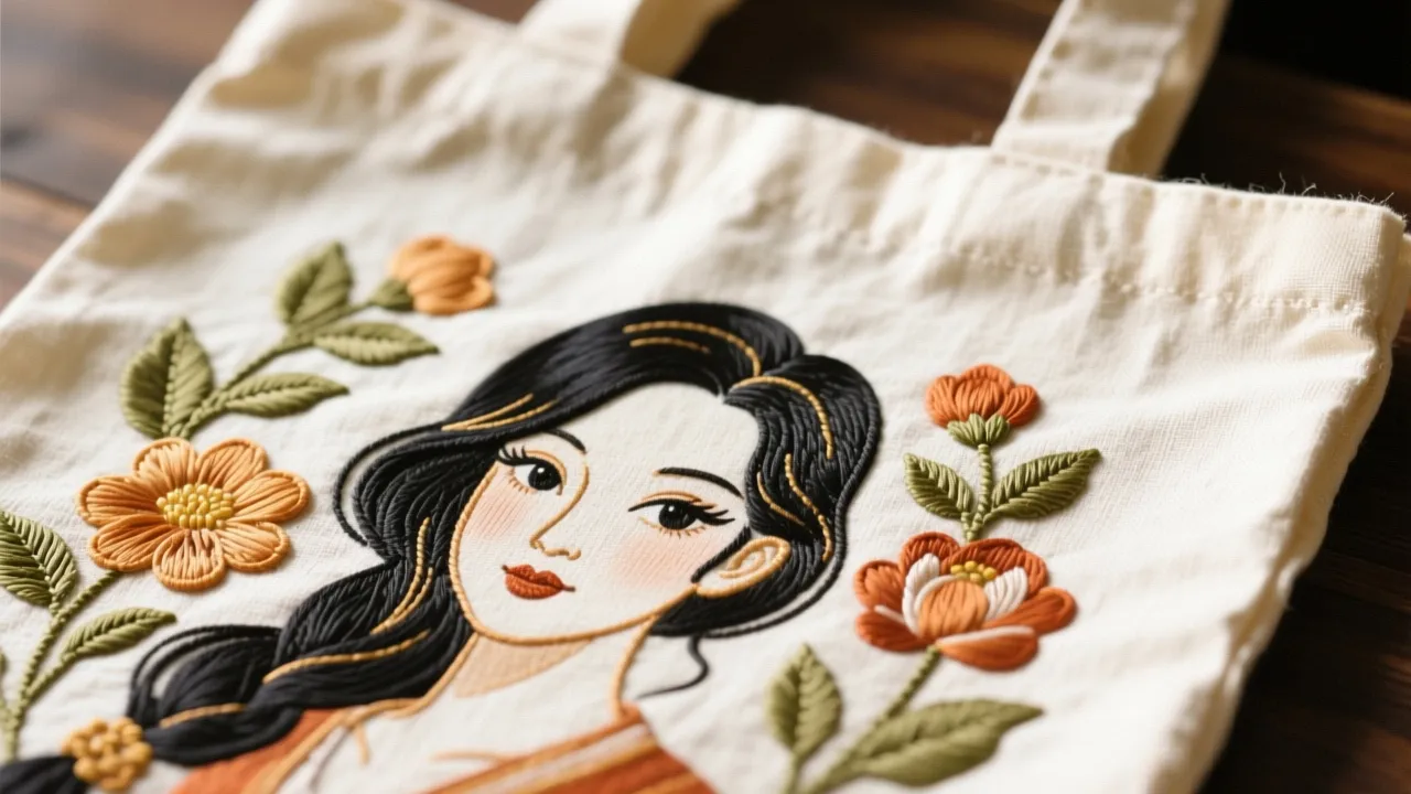 Embroidered detail showing premium stitching quality on custom canvas tote bags