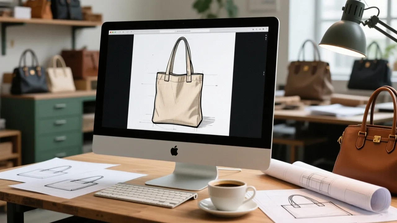 Professional designer creating custom canvas tote bag designs on computer screen