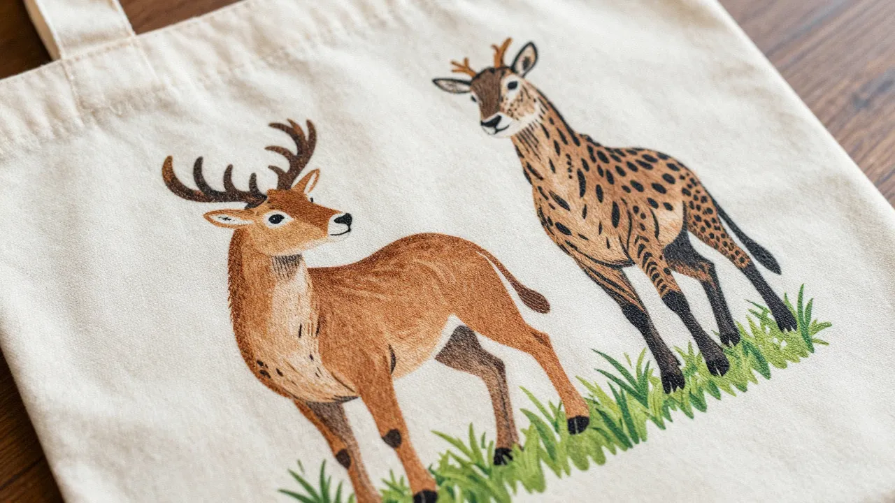 Heat transfer printing detail showing professional design application on custom canvas tote bags