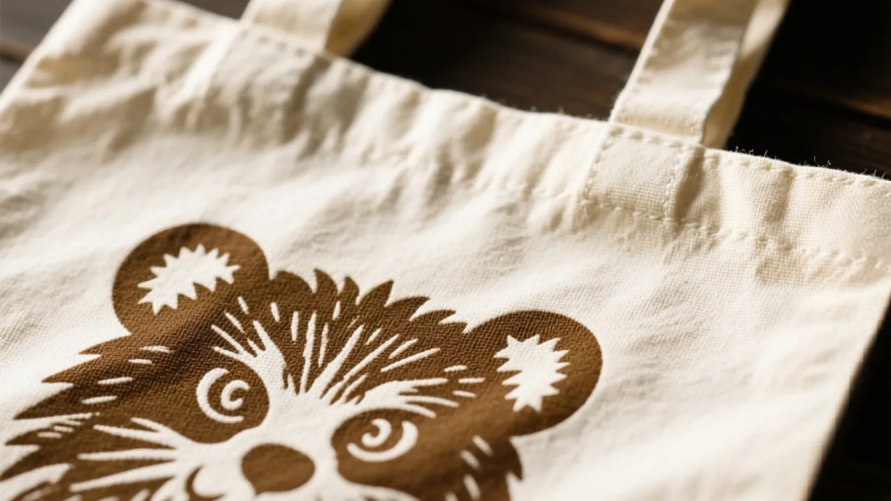 Screen printing detail showing professional ink application on custom canvas tote bags