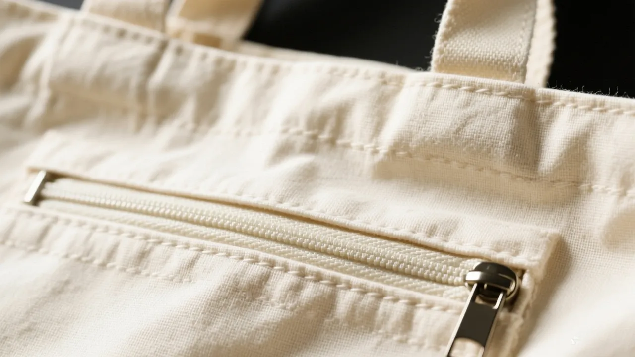 Zipper closure mechanism detail showing secure fastening system for custom canvas tote bags