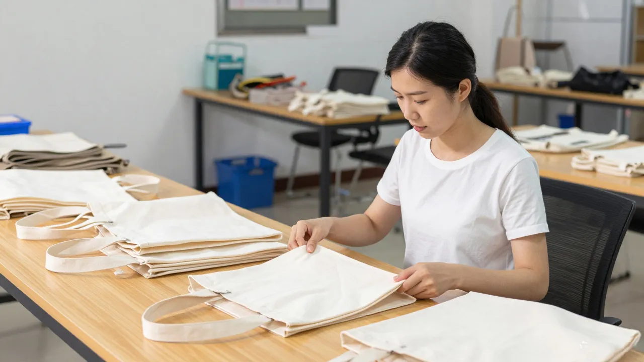 Quality control specialists testing custom canvas tote bags for durability and quality standards