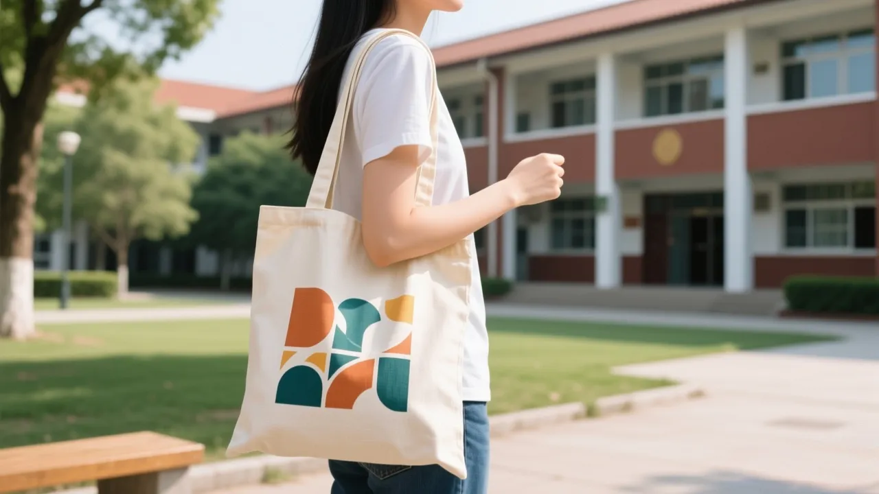 Students using custom canvas tote bags in educational setting with campus branding