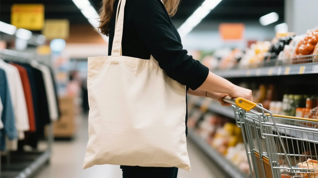 Supermarket shopping scenario showcasing custom canvas tote bags replacing plastic alternatives