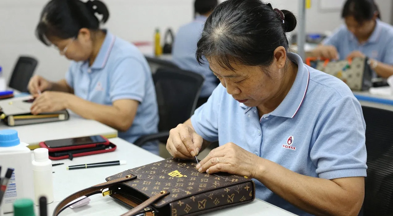 Skilled worker sewing logo onto custom canvas tote bag during manufacturing process
