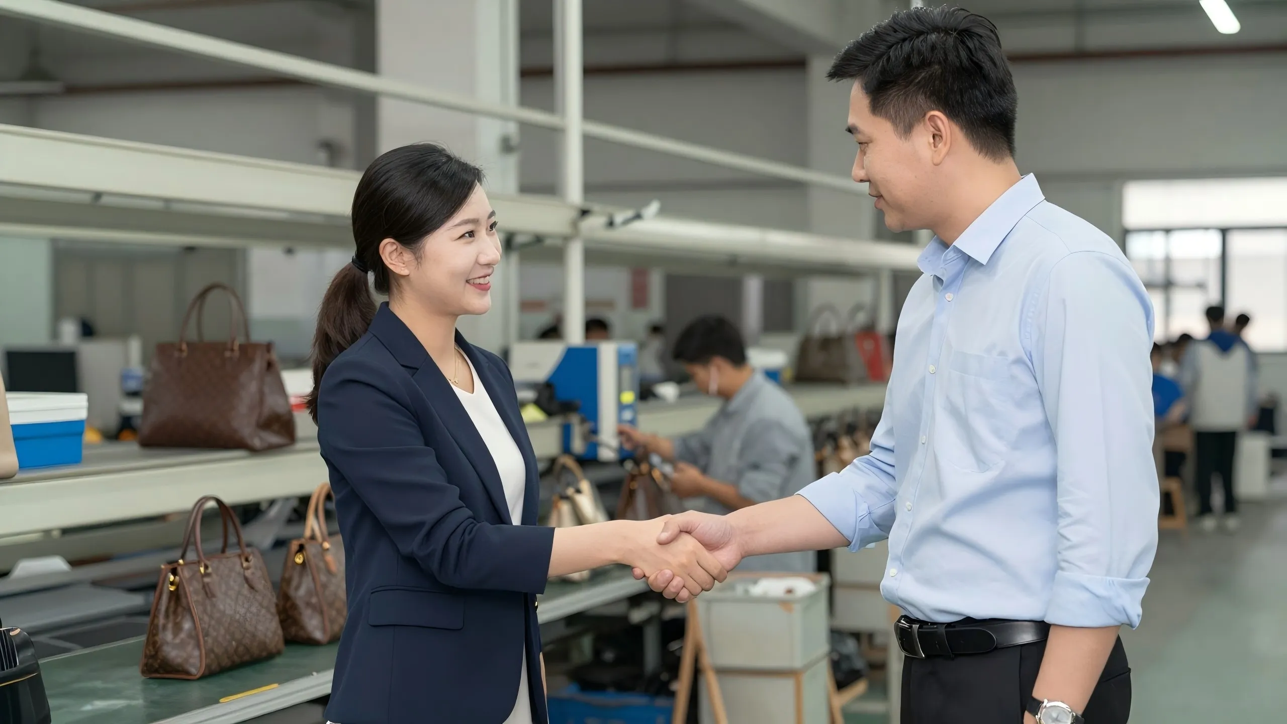 Business handshake between client and manufacturer representing successful custom canvas tote bag contract